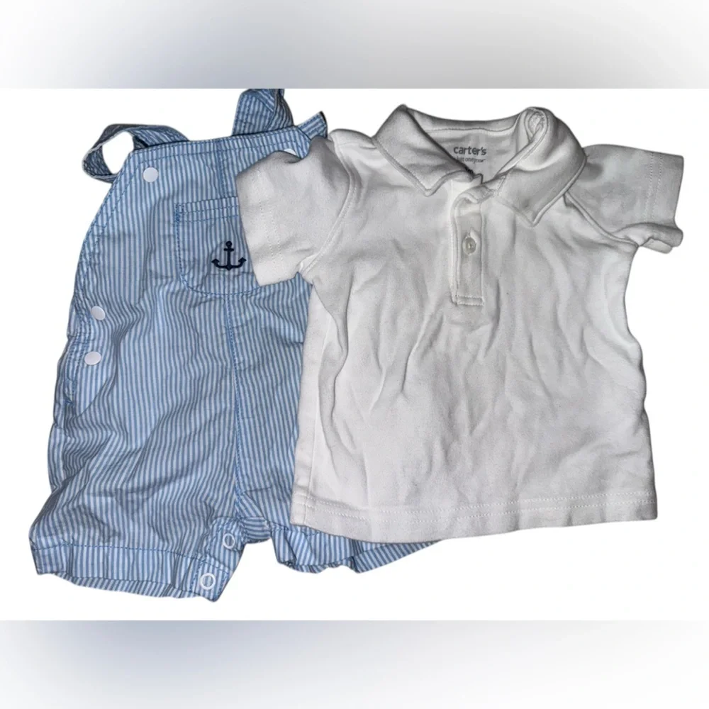 Carters Striped Blue Anchor Romper with White Polo Top 3M